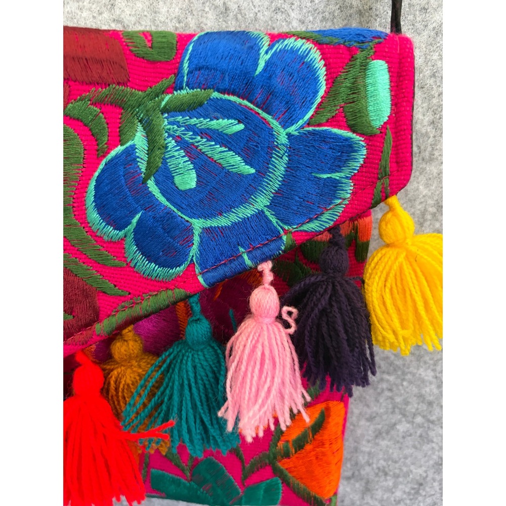Mexican Floral Embroidered Crossbody Bag Pink Boho Tassel Festival Handbag - Picture 3 of 9